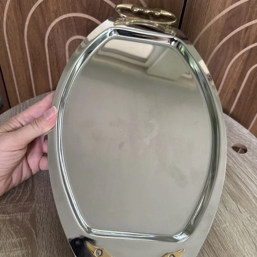 Vintage Kromex Serving Tray Gold Handle Chrome Plated Platter 17